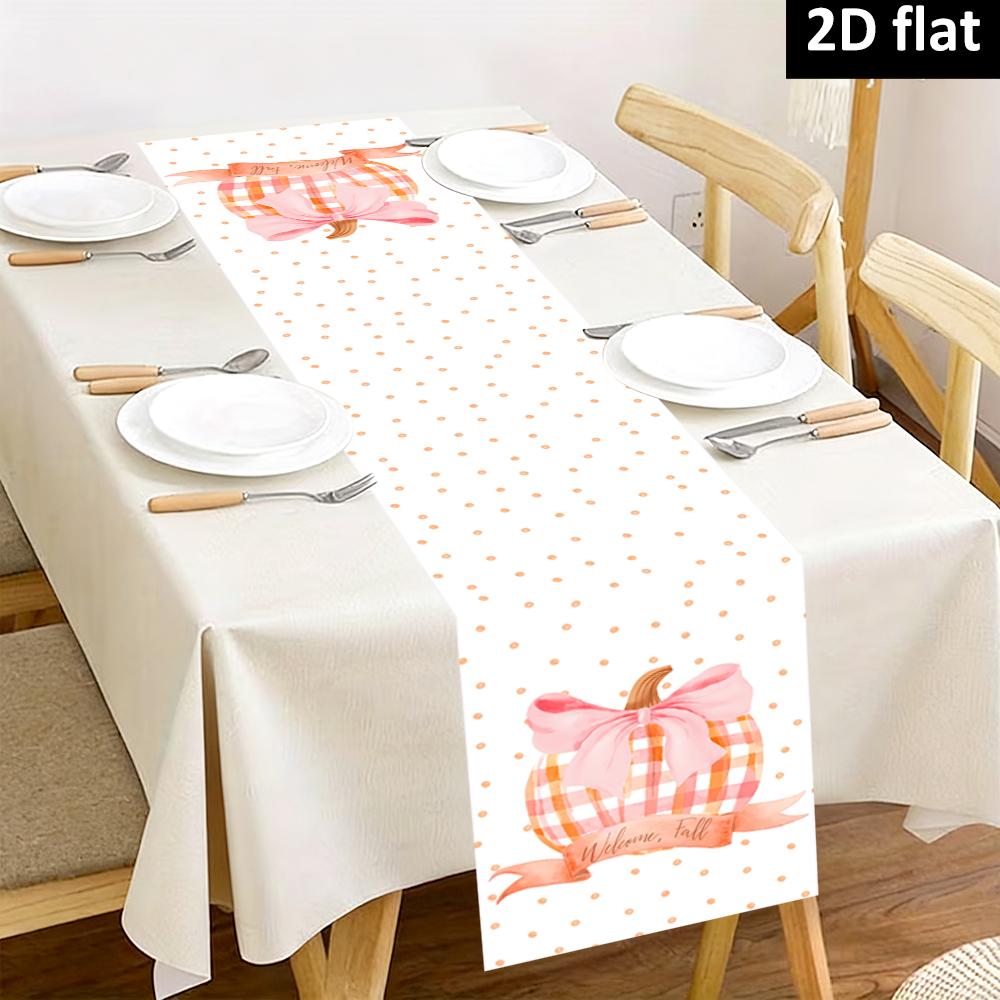 Watercolor Plaid Pumpkin Table Runner Pink Bow Welcome Fall Dot Table Decor Harvest Thanksgiving Halloween Dining Kitchen