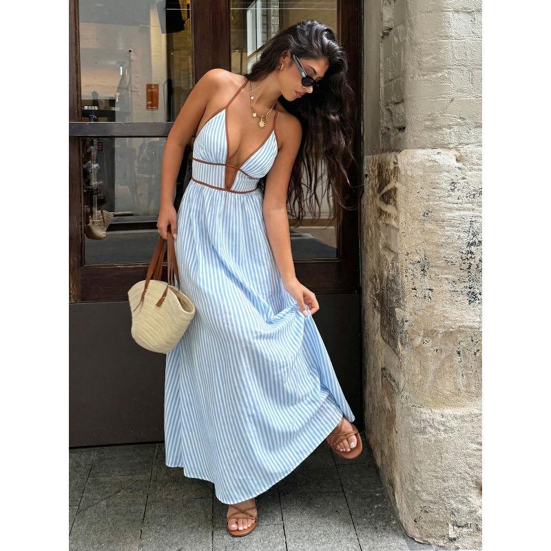 Summer New Deep Neck Striped Holiday Dress Hot Halter Sleeveless Neck Long Dress