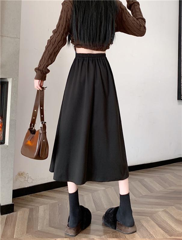 Chic Winter Wool Pleated A-Line Midi Skirt - Plus Size, Age-Reducing, Solid Color