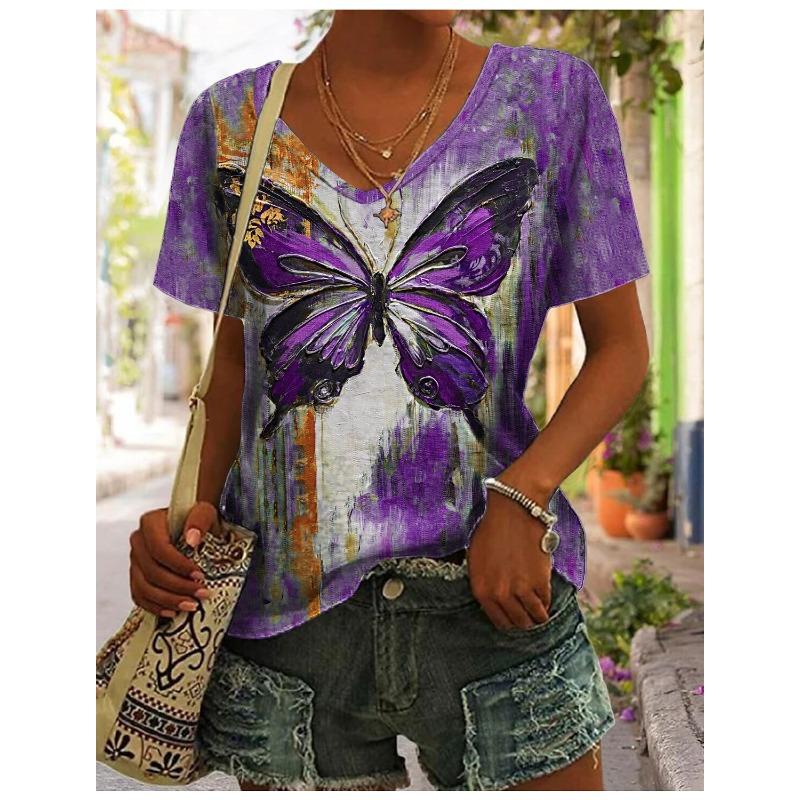 Damen T-Shirt mit Schmetterlingsdruck Kurzarm V-Ausschnitt Regular Schmetterlingsmalerei T-Shirt Damen