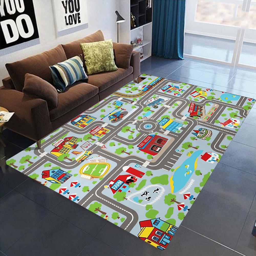 Interactive City Traffic System Kids Rug Educational Road Play Carpet Safe Learning Mat for Childrens Bedroom Living Room