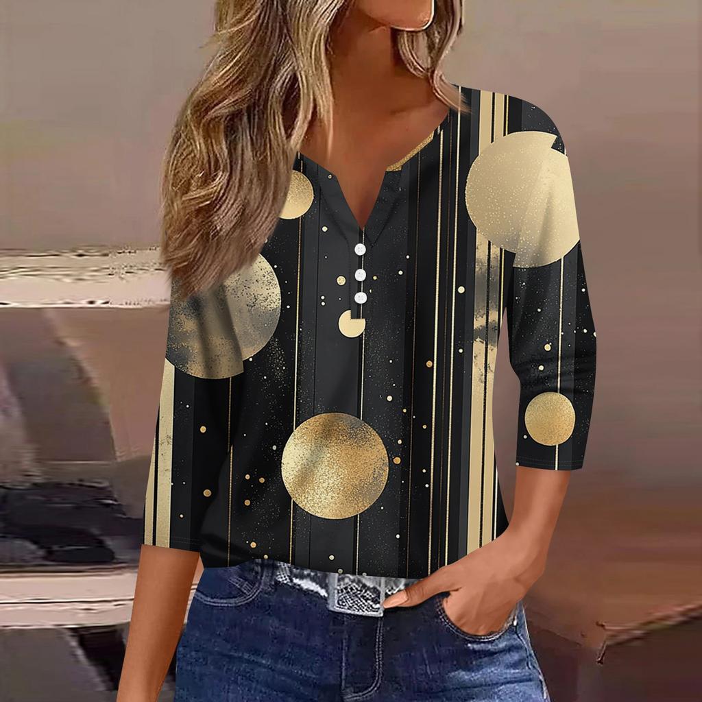 T-shirt da donna T-shirt stampata con bottoni manica a 3/4 Top regolare alla moda quotidiana per il fine settimana, basic con scollo a V