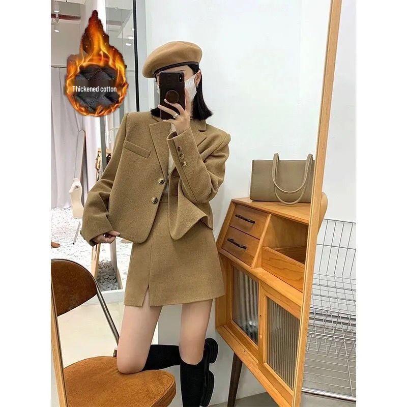 

Women s 2025 Winter Petite Wool Suit: Korean Style Short Blazer + Slit Skirt XL for 120-140 lbs