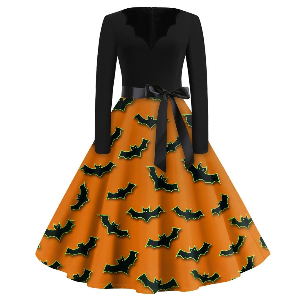 Halloween Print Flare Dress For Women Long Sleeve Dress Hollow Party Casual Dresses