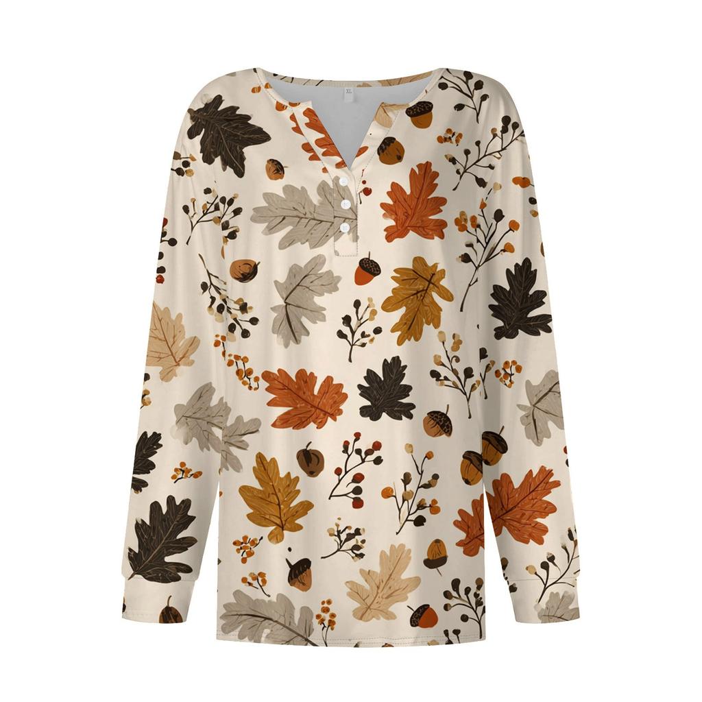 T-shirt dam T-shirt med långärmad knapp för daglig helgmode Basic V-hals vanlig topp