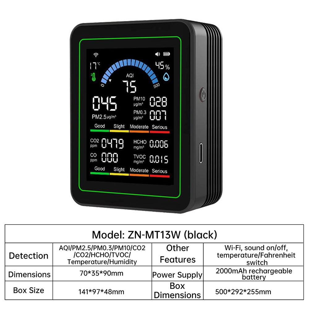 Upgraded 10-in-1 Air Quality Detector with 24-Hour Battery Life PM2.5 Formaldehyde TVOC Temperature Humidity CO2 Monitor