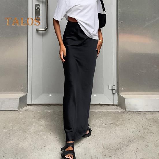 Damen Satinrock, hohe Taille, Midi-Langer Rock, schmaler Wickelrock, Hüftrock in A-Linie, Kunstseide, für Frühling, Sommer, Streetwear