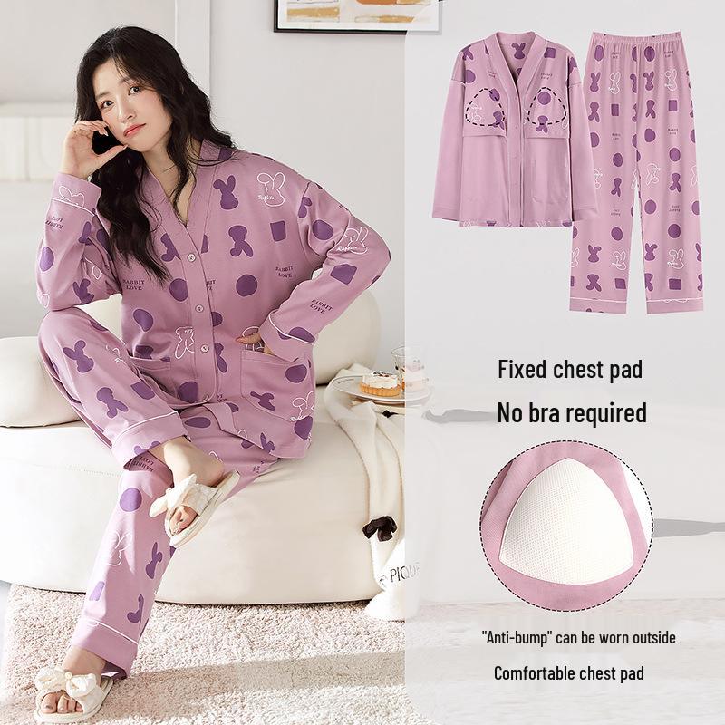 

Женский хлопковый пижамный комплект с нагрудными вкладышами: Кардиган и кимоно с длинным рукавом с мультяшным принтом для осени, зимы и весны L for 100-115 lbs