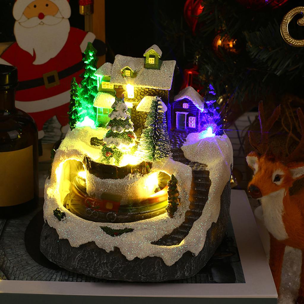 Domki z Wioski Świątecznej Scena ze Śniegiem i Drzewkiem Podświetlana Dekoracja Świąteczna Kolekcja Żywiczna do Salonu Restauracji Festiwalu