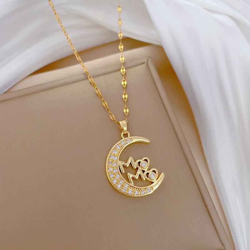 Moon Love Light Luxury Temperament Gorgeous Full Diamond Necklace Female Versatile Collarbone Chain Titanium Steel Chain