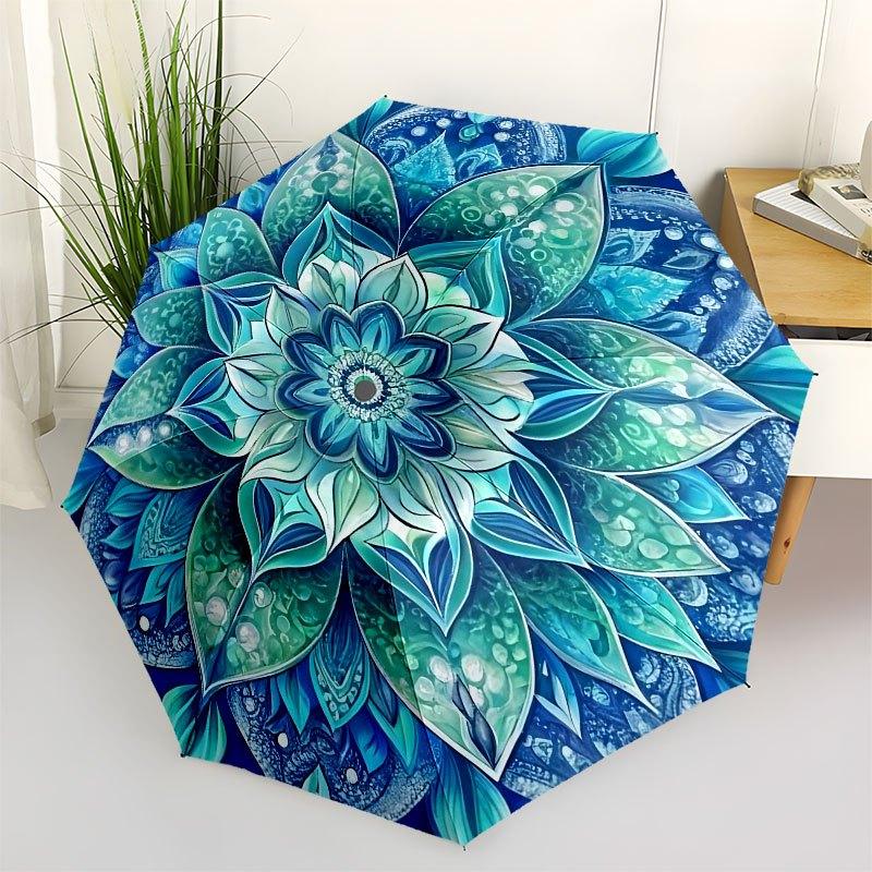 Blue Lotus Flower Mandala Wall Art PrintUmbrella with Cute Design,Portable 3-Fold Compact Umbrella for Men&Women,Valentine's Day Mother's Da