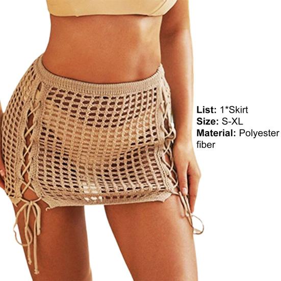 Beach Skirt Solid Color Drawstring Sexy Hollow Out Hight Waist Summer Skirt Holiday Clothes