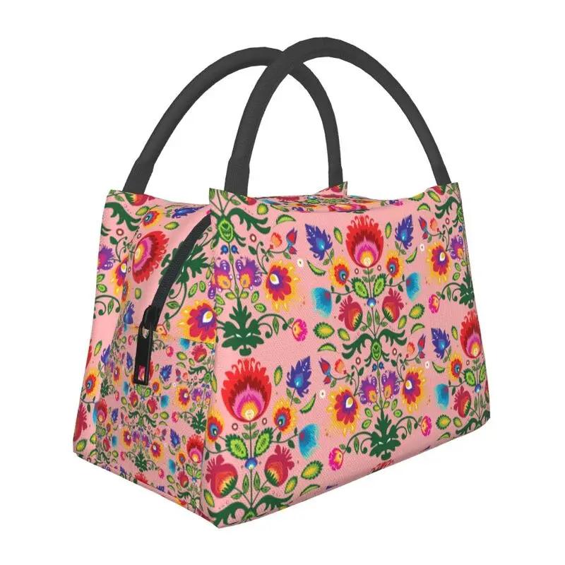 Polish Folk Flowers And Roosters Lunch Box for Women Waterproof Poland Floral Art Cooler Thermal Food Insulated Lunch Bag