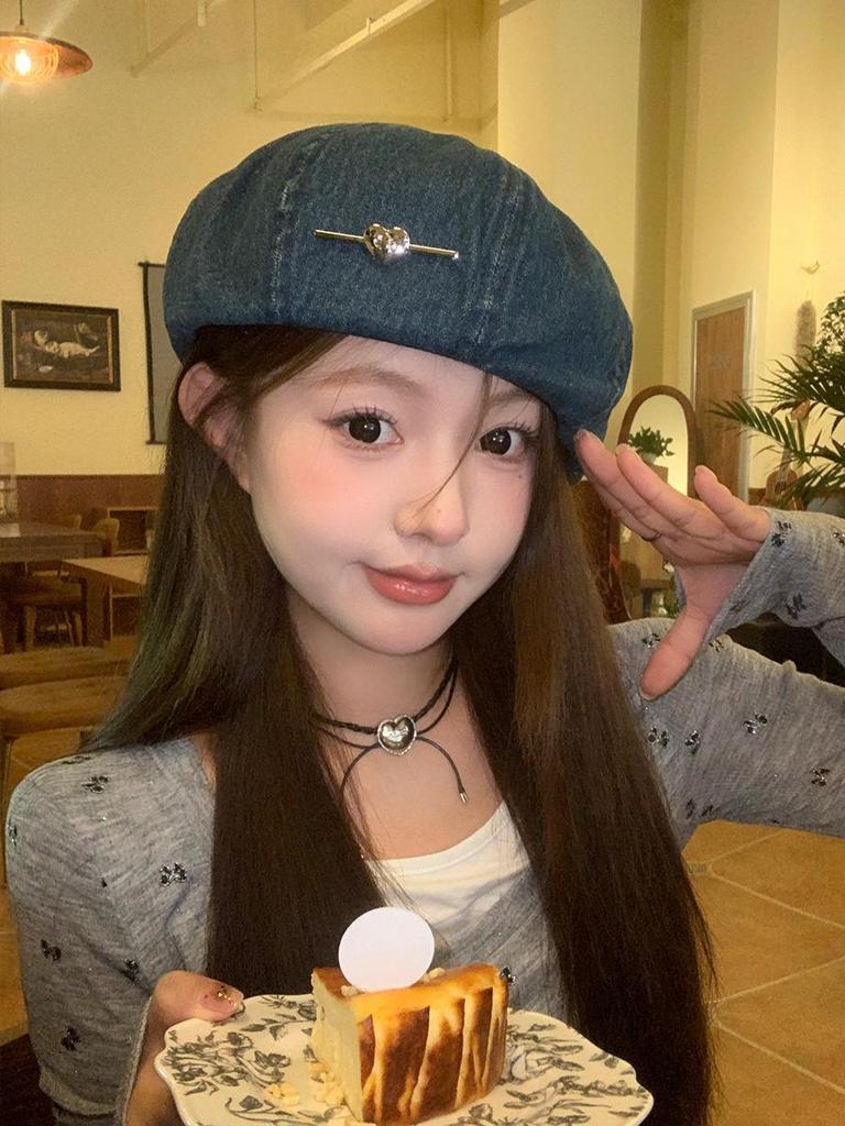 Women's Japanese Denim Heart Beret - Sweet & Versatile Octagonal Painter’s Hat for Large Heads