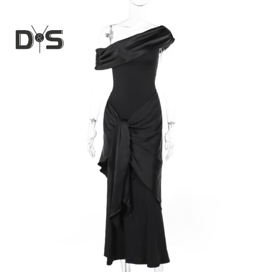 Abendkleid für Damen, schräger Halsausschnitt, schulterfrei, ärmellos, plissiert, Schnürung, Schärpendekor, unregelmäßiges Design, schmale Passform, Abschlussball, Party, Maxikleid, Sommerkleid