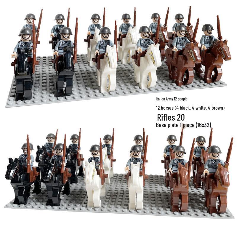 WWII Army Building Blocks Assembly Set – Virtue British, German, Soviet Figures with Horse & Rifle Formation.