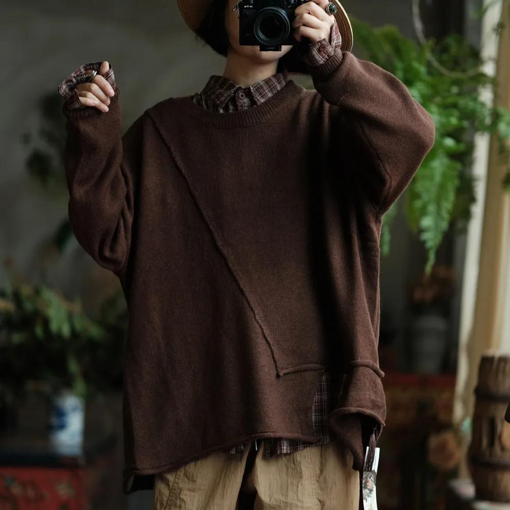 Johnature Women Vintage Pullover Sweaters Solid Color Irregular Patchwork O-Neck Long Sleeve Knitted Autumn Winter Sweaters