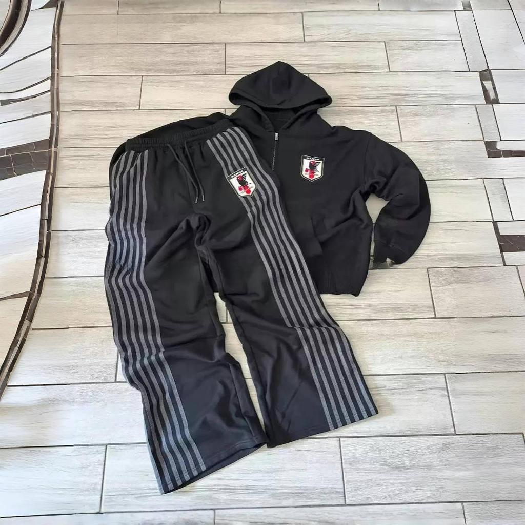 ZYLLO Retro Striped Embroidered Zip Hoody Sweatpants Set Mens Two Piece Set Hip Hop Embroidered Oversized SweatshirtCasual Pants Set