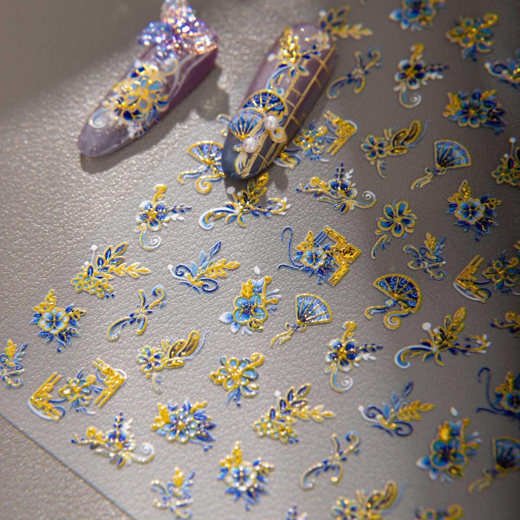 Cyansea Hot Stamping Blue Flower Feather Fan Nail Stickers