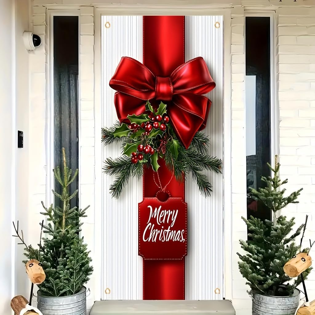 ChristmasDoor Cover Banner 71x35 Inch Red Bow and Holly Decoration for Front Door Holiday Indoor Outdoor Home Decor