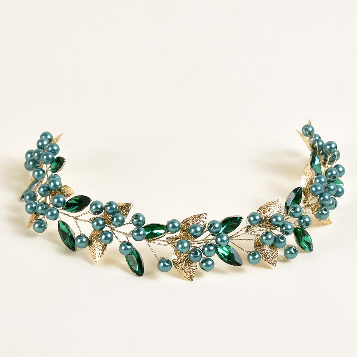 Europe and America Cross Border for Sapphire Blue Red Emerald Color Crystal Golden Leaf Handmade Headband Headwear