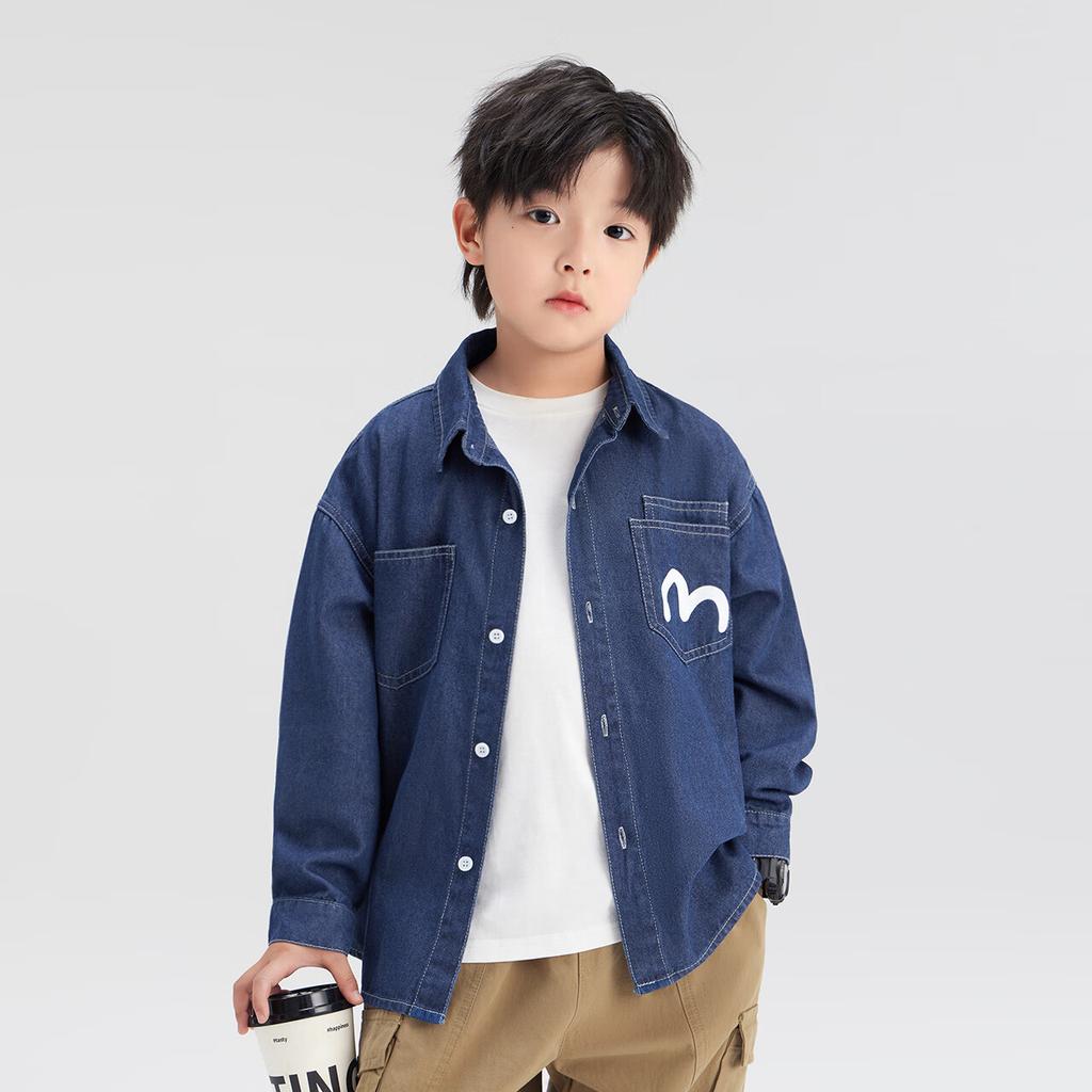 Zuo Xi Boys Denim Shirt Children's Jacket Long Sleeve 2025 New Spring Autumn Boys Shirt Dark Denim Color 130