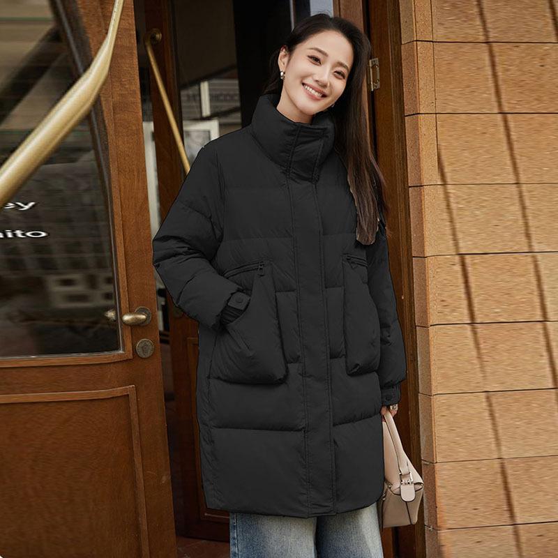 

Medium and long pocket design stand-up neck down jacket for women 2025 thickened white duck down casual and thin jacket tide M чорний
