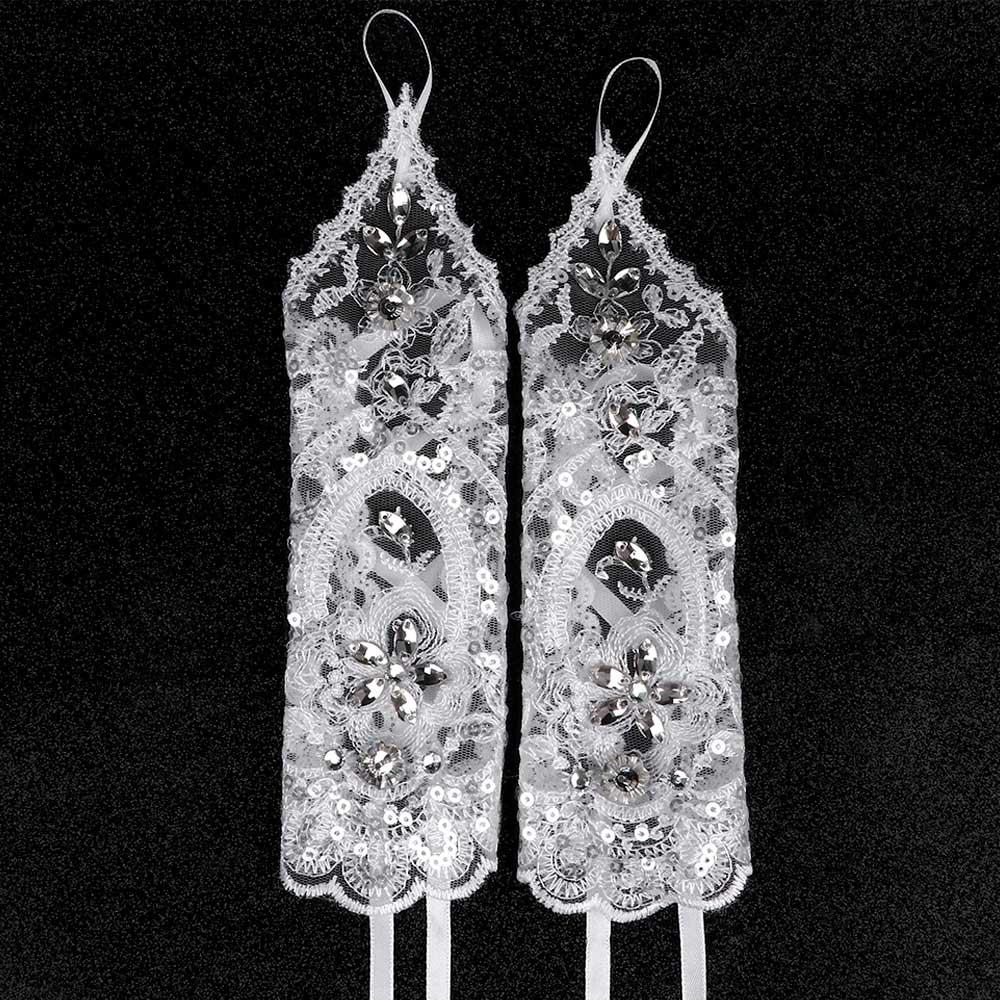 Top Hot Bride Wedding Fashionable Short Gloves Beads Rhinestone Fingerless Gloves Lace