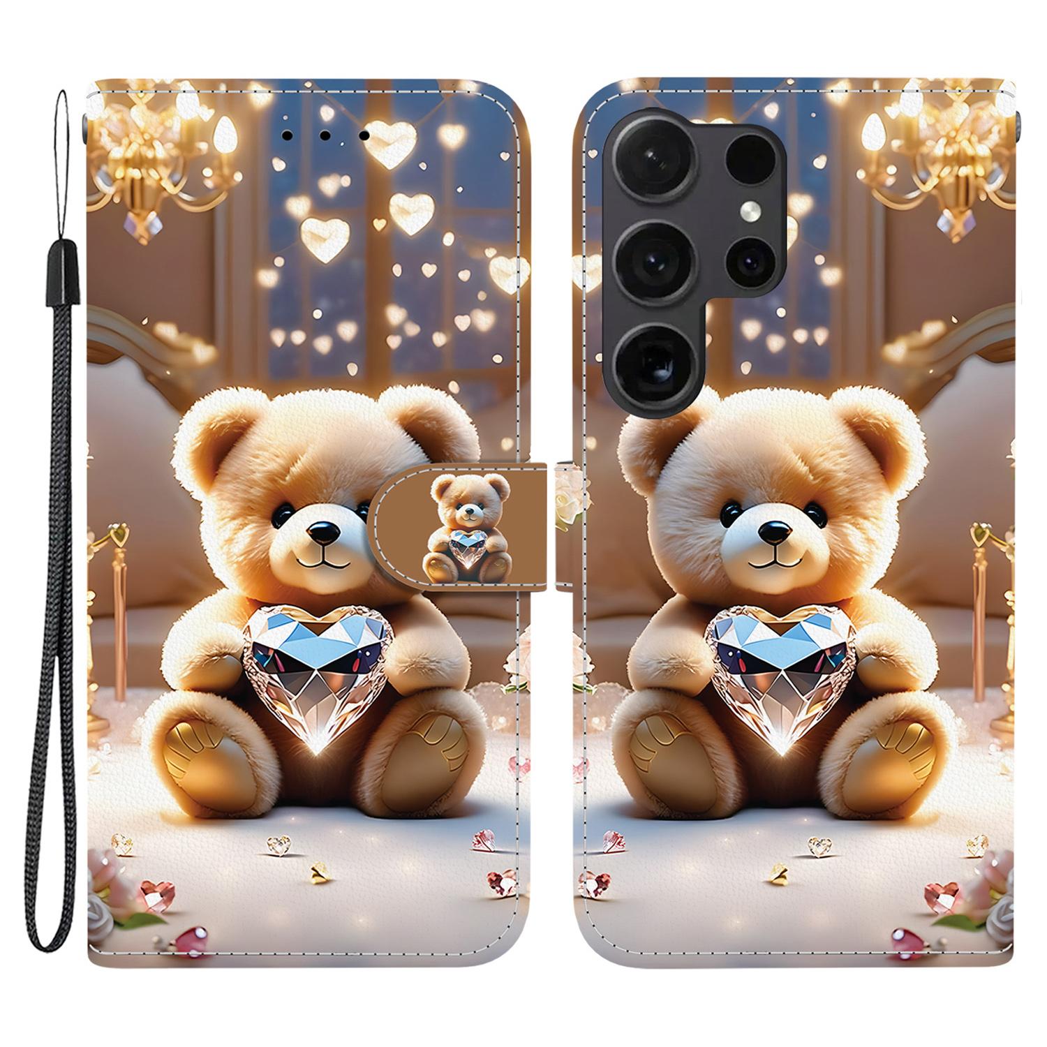 

Для Samsung Galaxy S25 Ultra Шкіряний Чохол Підставка Гаманець Друк візерунка Чохол для телефону з ремінцем на зап ястя Diamond Bear