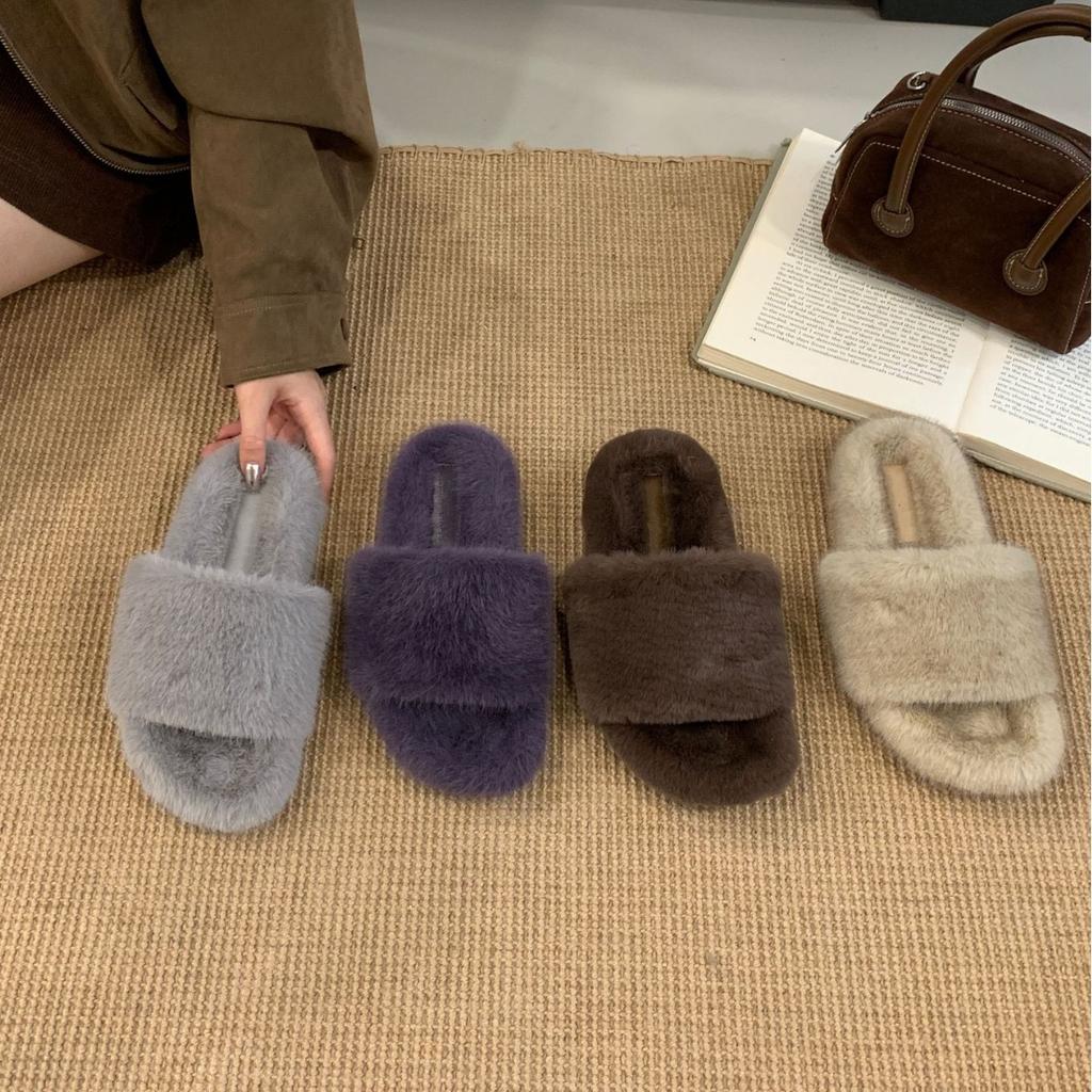 2025 New Autumn and Winter Mao Mao One-word with Open Toes and Half Tows, Wearing Mao Mao Open Toes Commuter Women's Warm Slippers