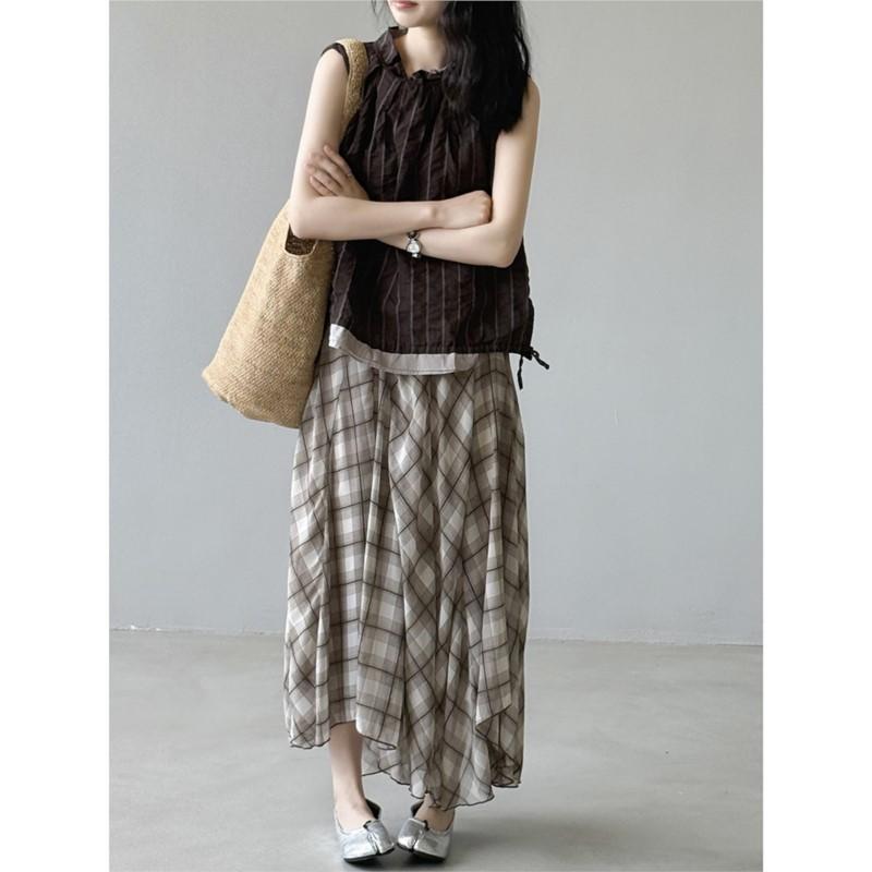 

Johnature Japanese Striped Vest Set Women Summer Check Irregular Casual Women Skirt Two Piece Sets M