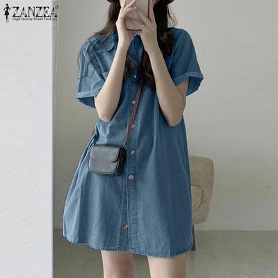 Women Casual Turn Down Collar Short Sleeve Summer Shirt Dress