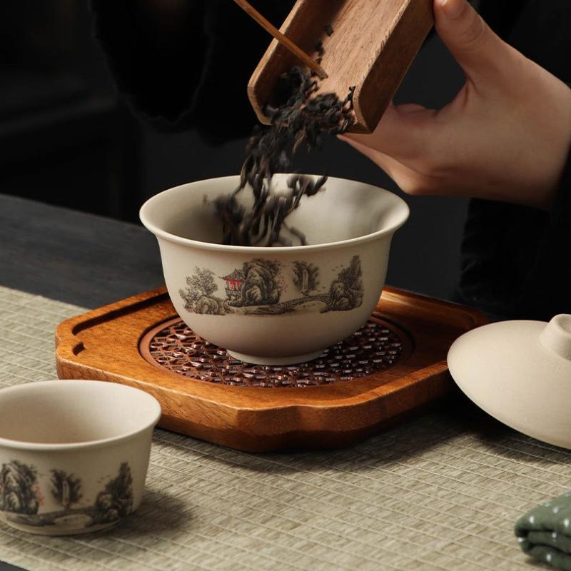 Stoneware Kungfu TeaSet - SancaiLiddedBowl & Teacups for CorporateGifts StoreOpening TraditionalChineseCeramic Commemorative Set
