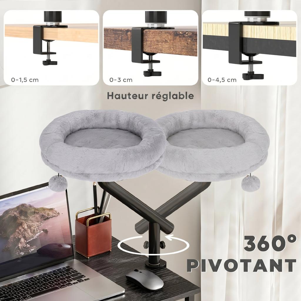 Cat Desk Bed, 360 Rotating, Height Adjustable, Washable, Toy Ball, 35 x 35 x 48 cm, Grey