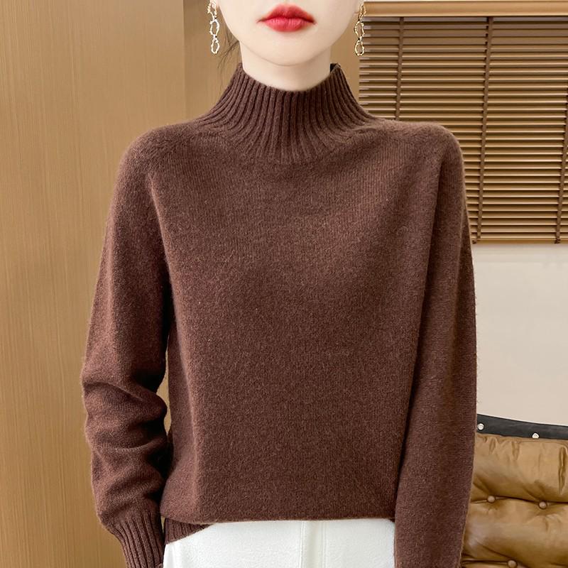 Women's Pure Wool Half-High Collar Loose Knit Sweater - Thickened Autumn/Winter Base Layer Pullover