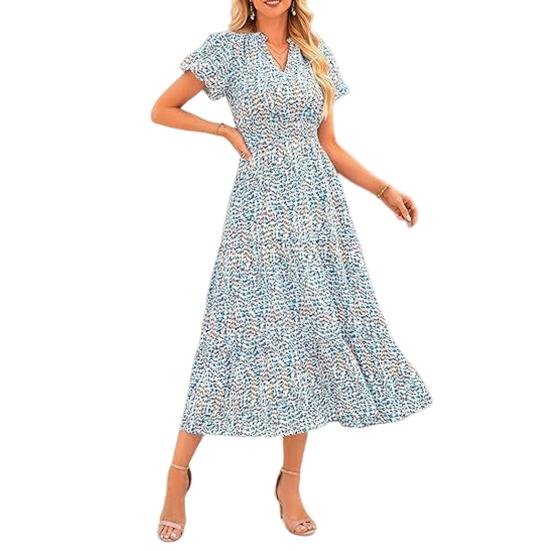 

Женское платье с V-образным вырезом и большим цветочным принтом с пузырьковыми рукавами, маленькой шеей, коротким принтом, трапециевидной формы с высокой талией XL белый