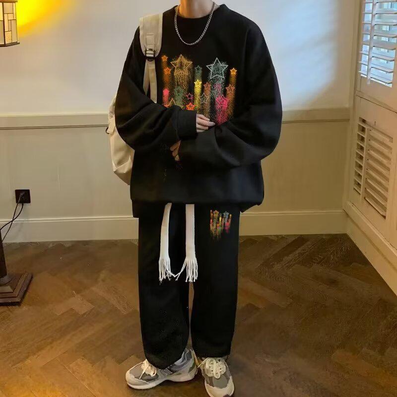 Harajuku Trendy Men's Sporty Casual Two-Piece Set: Creative Design Loose Hoodie & Pants