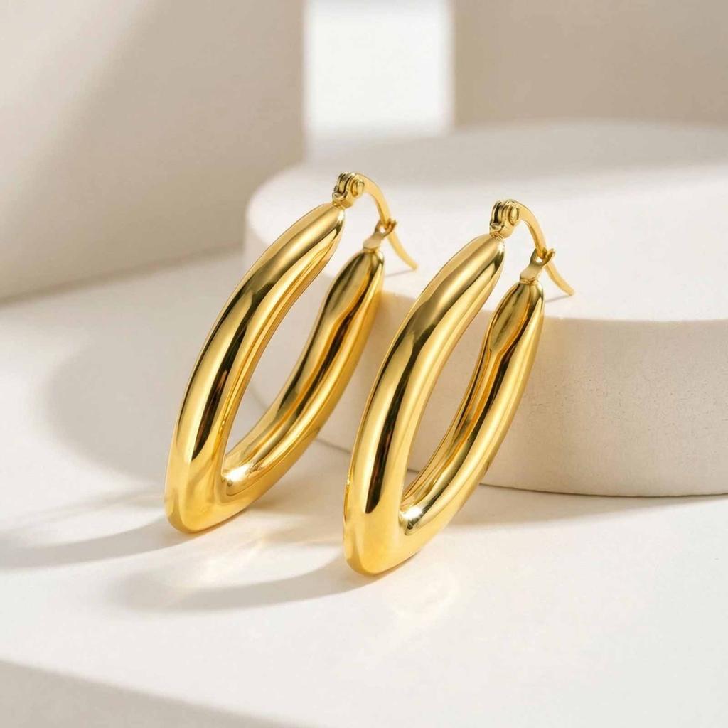 Irregular Geometric Hoop Earrings Stainless Steel Gold Plated Thick Abstract Hollow Lightweight Jewelry Non-Tarnish