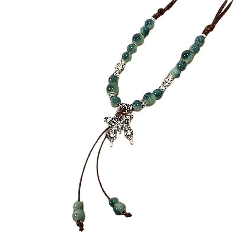 New Chinese ethnic style butterfly necklace niche ancient style high-end long woven sweater chain Maillard collarbone chain