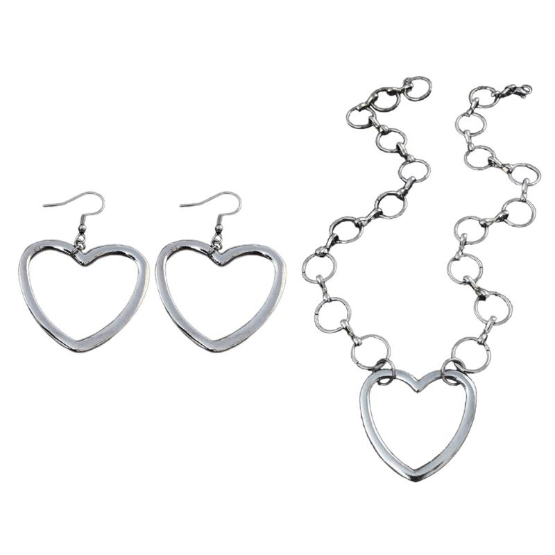Sweet Cool Metal Hollow Big Heart Pendant Necklace Earrings Simple Drop Earrings