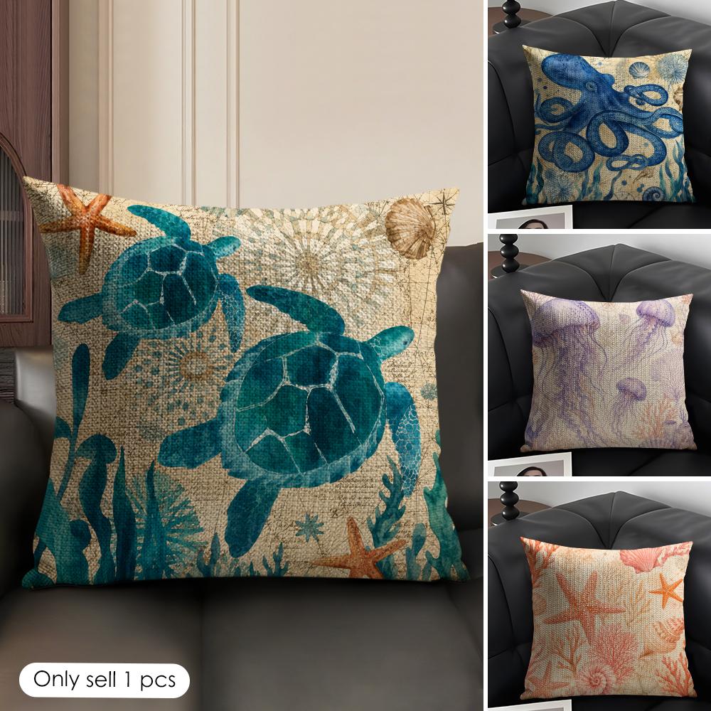 Marine Animals Cushion Cover Linen Organic Fabric DoubleSided Printing Sofa Breathable Home Decor Gift Pillow Case
