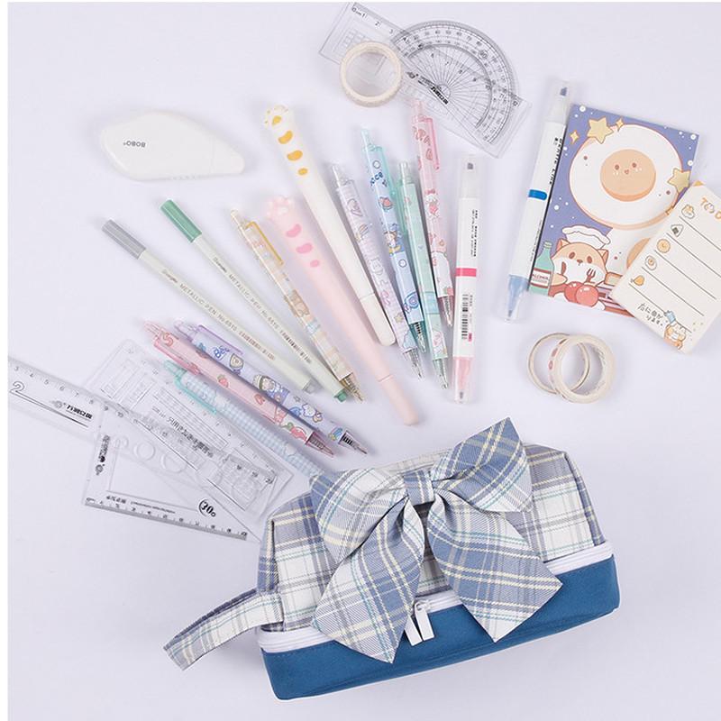 Large-capacity Double-layer Pencil Case Japanese Canvas Student Girl Heart Lattice Plaid Pencil Case Cute Bow Gifts for Girls