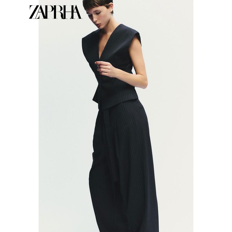 Zaprha 2025 Autumn New Fashion Waist Hugging Slimming Thin Stripe V-neck Wide Sleeve Vest Vest 4749768
