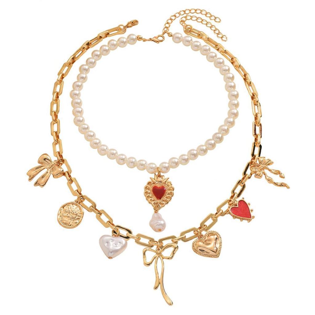 Elegant Heart & Bow Pendant Necklace with Pearl Beaded Chain