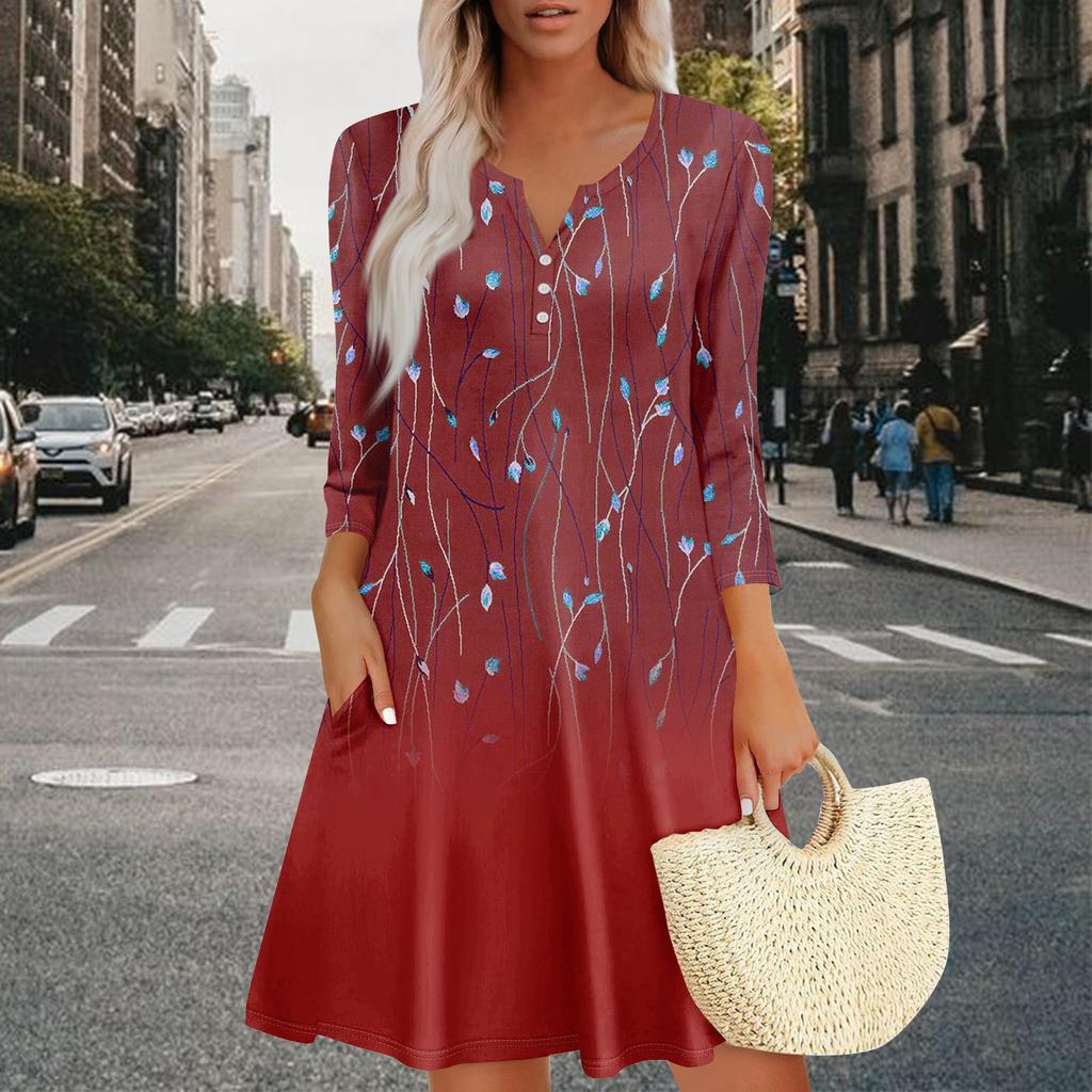 Women's Summer Dress Loose V Neck Three-quarter Sleeve Sundress With Pockets Dress