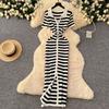 Women's Striped Knit Polo Collar Button Front Midi Dress Short Sleeve Slim Fit Bodycon Casual Dress