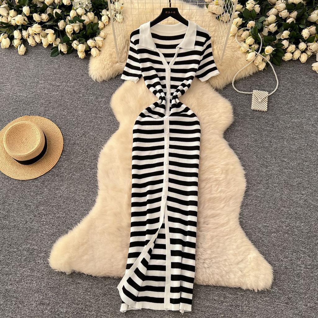 Women's Striped Knit Polo Collar Button Front Midi Dress Short Sleeve Slim Fit Bodycon Casual Dress