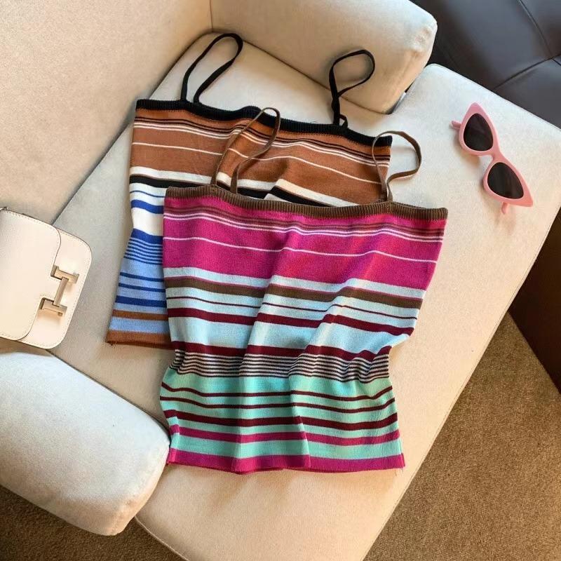 Elastisk regnbueprint ribbestrikket colorblock tanktopp strikket avslappet ermeløs rundhalset topp dameklær crop top
