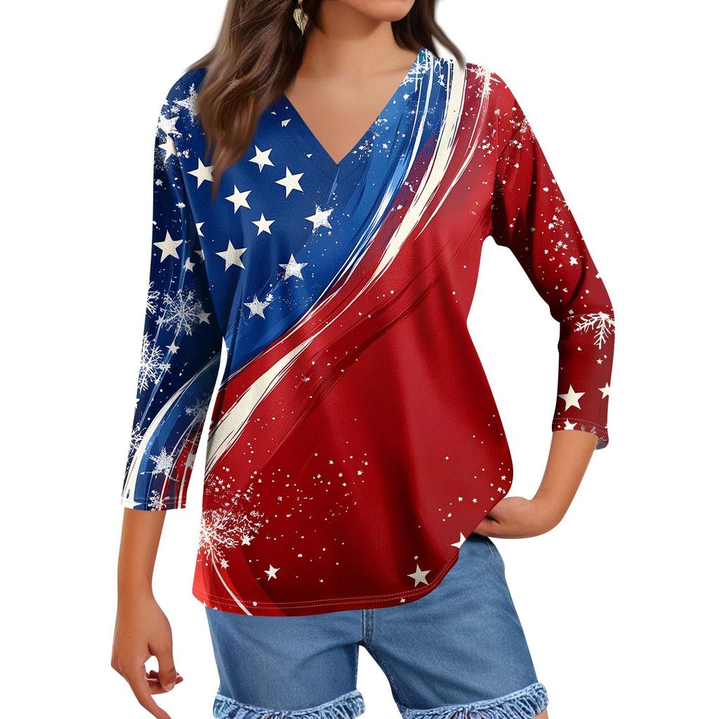 Damen Tops Dreiviertelärmel Shirt V-Ausschnitt Lockeres Freizeithemd Blumendruck T-Shirt