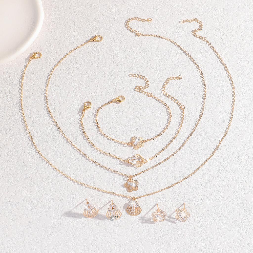 Copper Jewelry Women'S Light Luxury Simple Style Zircon Necklace Earrings Bracelet Ring Four-Piece Set